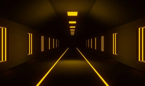 Reso Corridoio Futuristico Tunnel Scuro Con Luci Gialle — Foto Stock