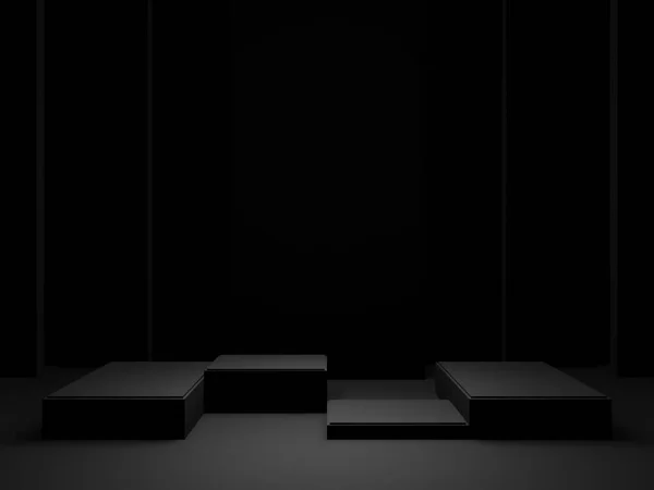 3 boyutlu siyah geometrik ürün podyumu. Koyu arkaplan.