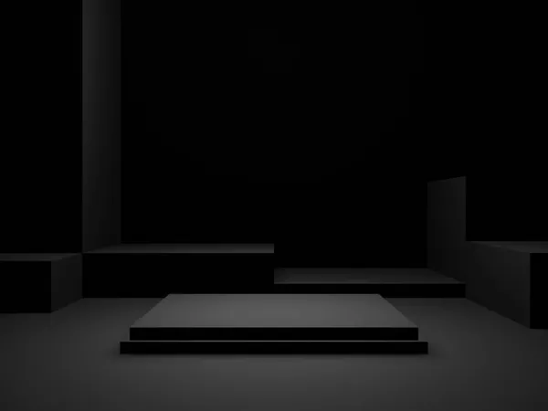 Renderizado Pódio Produto Geométrico Preto Fundo Escuro — Fotografia de Stock