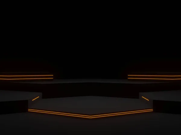 Üç boyutlu illüstrasyon. Neon ışıkları olan siyah fütüristik stand. Altıgen bilimsel podyumu.