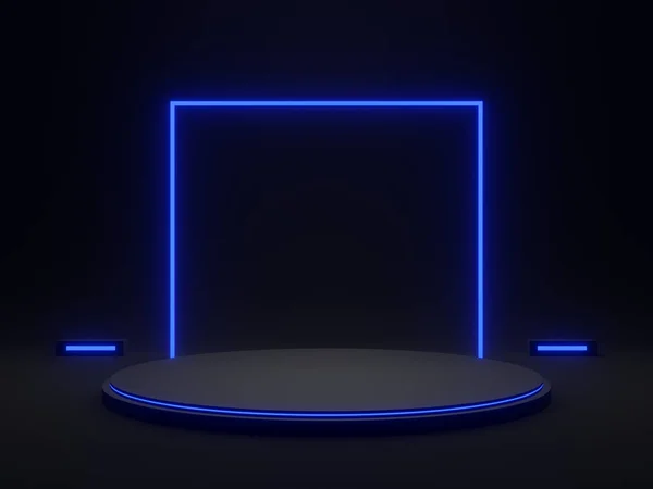 Renderizado Pódio Científico Preto Com Luz Azul Fundo Escuro — Fotografia de Stock