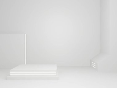 Üç boyutlu beyaz bilimsel ürün standı. Beyaz arkaplan.