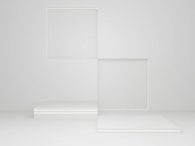 Üç boyutlu beyaz bilimsel ürün standı. Beyaz arkaplan.