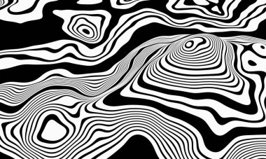 Üç boyutlu soyut topografik hat. Siyah ve beyaz arazi.