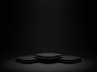 3 boyutlu siyah geometrik ürün podyumu. Koyu arkaplan.