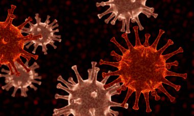 3 boyutlu görüntüleme. Virüs mutasyonu. Kırmızı mikroskobik Covid-19 salgını.