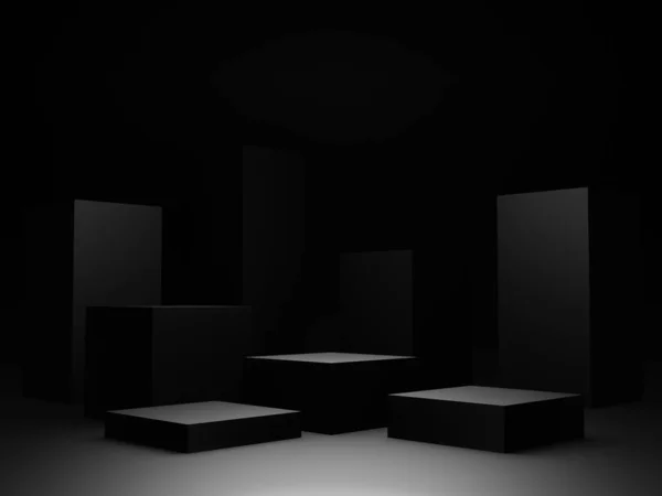 Kiolvasztott Fekete Geometrikus Termék Dobogója Sötét Háttér — Stock Fotó