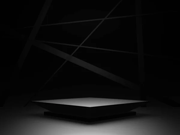 Renderizado Pódio Produto Geométrico Preto Fundo Escuro — Fotografia de Stock