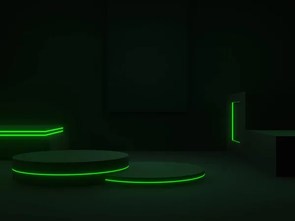 Renderelt Fekete Tudományos Színpad Pódium Zöld Neon Fény Sötét Háttér — Stock Fotó