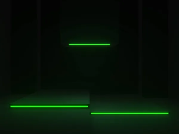 Siyah Bilimsel Sahne Podyumunu Yeşil Neon Işıkla Donattı Koyu Arkaplan — Stok fotoğraf