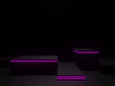 3D, siyah bilimsel sahne podyumunu mor neon ışıkla donattı. Koyu arkaplan.