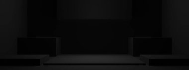 3 boyutlu, siyah geometrik oda modeli. Koyu arkaplan.