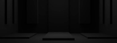 3 boyutlu, siyah geometrik oda modeli. Koyu arkaplan.