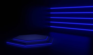 3D, siyah bilimsel sahne podyumunu mavi neon ışıkla donattı. Koyu arkaplan.