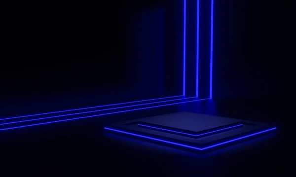 Renderelt Fekete Tudományos Színpad Pódium Kék Neon Fény Sötét Háttér — Stock Fotó