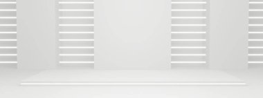 3D, bilimsel ürün standının arka planını oluşturdu. Neon ışıklı beyaz sahne.