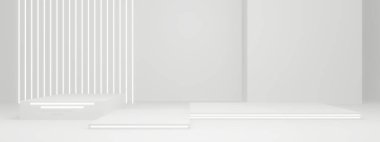 3D, bilimsel ürün standının arka planını oluşturdu. Neon ışıklı beyaz sahne.