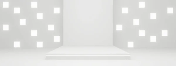 Renderizado Produto Científico Stand Background Palco Branco Com Luzes Néon — Fotografia de Stock