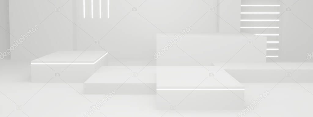 3D rendered  scientific product stand background. White stage with neon lights.
