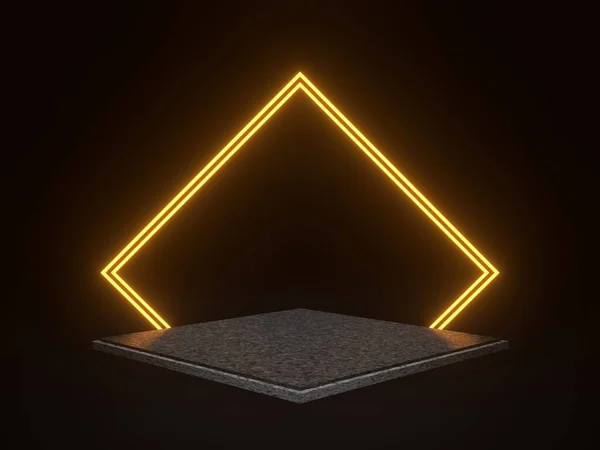 Sarı Neon Işıkları Olan Kaya Podyumu Siyah Arkaplanda Taş Modeli — Stok fotoğraf