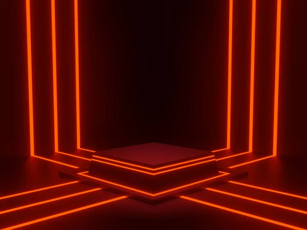 Rendered Black Scientific Stage Podium Red Neon Light Dark Background — 图库照片