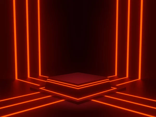 3D, siyah bilimsel sahne podyumunu kırmızı neon ışıkla donattı. Koyu arkaplan.