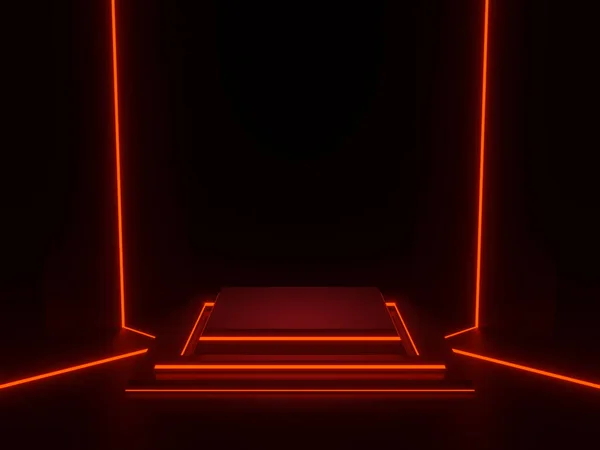 Renderelt Fekete Tudományos Színpad Pódium Piros Neon Fény Sötét Háttér — Stock Fotó