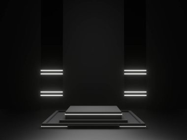Beyaz neon ışıklarla siyah bilim sahnesini oluşturdu. Geometrik podyum. Bilimkurgu standı.
