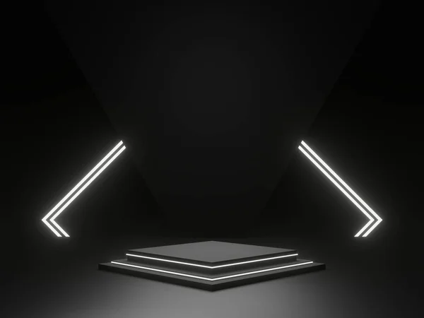 Καθιστούν Μαύρο Επιστημονικό Στάδιο Λευκά Φώτα Νέον Γεωμετρικό Βάθρο Βάση — Φωτογραφία Αρχείου