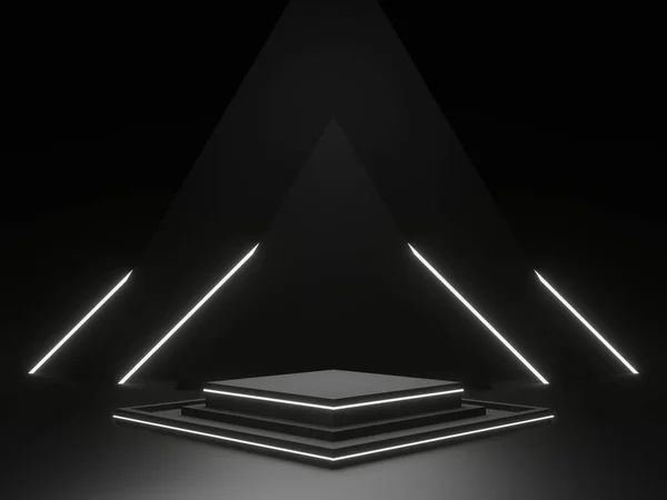 Escenario Científico Negro Renderizado Con Luces Neón Blancas Podio Geométrico — Foto de Stock