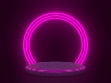 3 boyutlu, pembe neon ışıklı taş podyum. Siyah arkaplanda taş modeli.