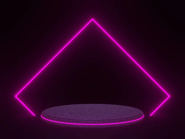 Rendered Rock Podium Pink Neon Lights Stone Mockup Black Background — Zdjęcie stockowe