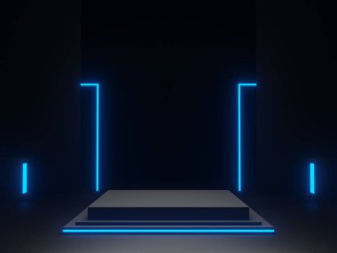 3D, siyah bilimsel sahne podyumunu mavi neon ışıkla donattı. Koyu arkaplan.
