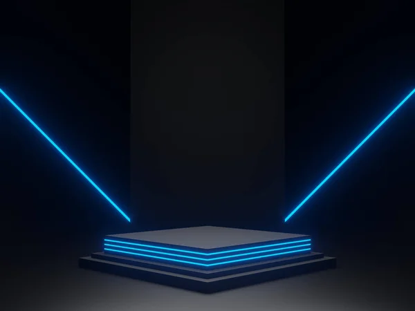 Renderizado Pódio Estágio Científico Preto Com Luz Néon Azul Fundo — Fotografia de Stock