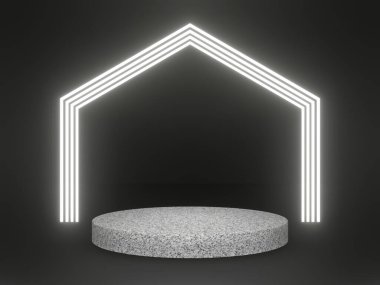 Beyaz neon çerçeveli 3D granit podyum. Siyah arkaplanda taş modeli.