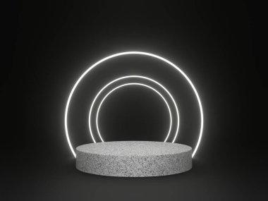 Beyaz neon çerçeveli 3D granit podyum. Siyah arkaplanda taş modeli.