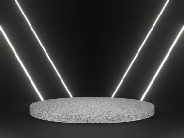Beyaz neon çerçeveli 3D granit podyum. Siyah arkaplanda taş modeli.