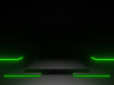3D, siyah bilim sahnesini yeşil neon ışıklarla donattı. Geometrik podyum. Bilimkurgu standı.