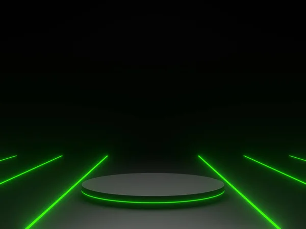 Оказана Черная Научная Сцена Зелеными Неоновыми Огнями Геометрический Подиум Стенд — стоковое фото