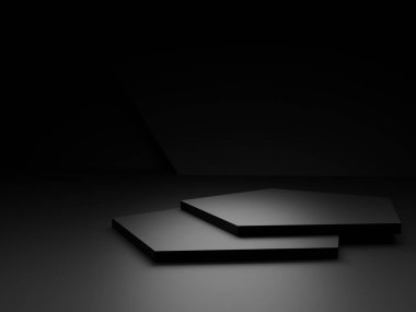Üç boyutlu soyut siyah geometrik arkaplan. Karanlık oda duruyor..