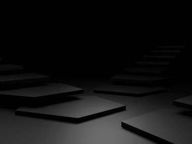 Üç boyutlu soyut siyah geometrik arkaplan. Karanlık oda duruyor..