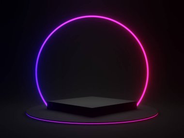 Gradyan neon ışıkları olan 3 boyutlu siyah geometrik. Koyu arkaplan.