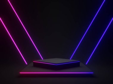 Gradyan neon ışıkları olan 3 boyutlu siyah geometrik. Koyu arkaplan.