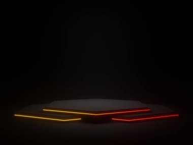 Gradyan neon ışıkları olan 3 boyutlu siyah geometrik. Koyu arkaplan.