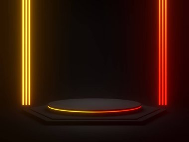 Gradyan neon ışıkları olan 3 boyutlu siyah geometrik. Koyu arkaplan.