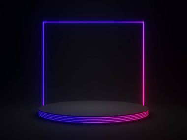 Gradyan neon ışıkları olan 3 boyutlu siyah geometrik. Koyu arkaplan.