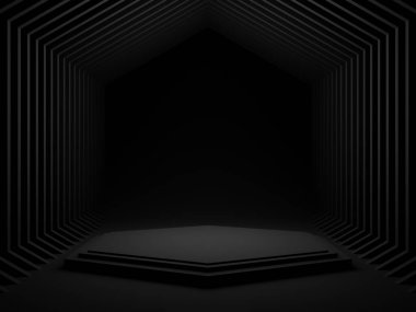 3 boyutlu siyah geometrik ürün podyumu. Karanlık oda arkaplanı.
