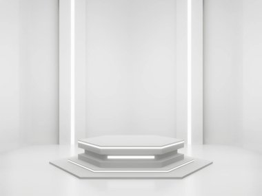 3 boyutlu görüntüleme. Beyaz Bilimkurgu ürün stand-up modeli. Beyaz neon ışıklı bilimsel podyum.