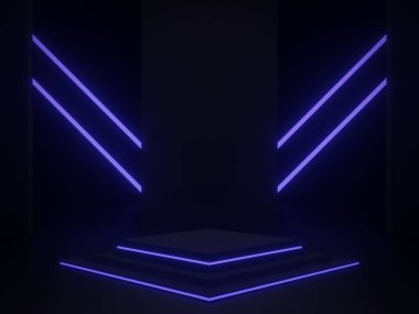 3D, neon ışıklarla siyah bilimsel sahne oluşturdu. Geometrik podyum. Bilimkurgu standı.