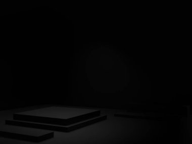 3 boyutlu, siyah geometrik oda modeli. Koyu arkaplan.